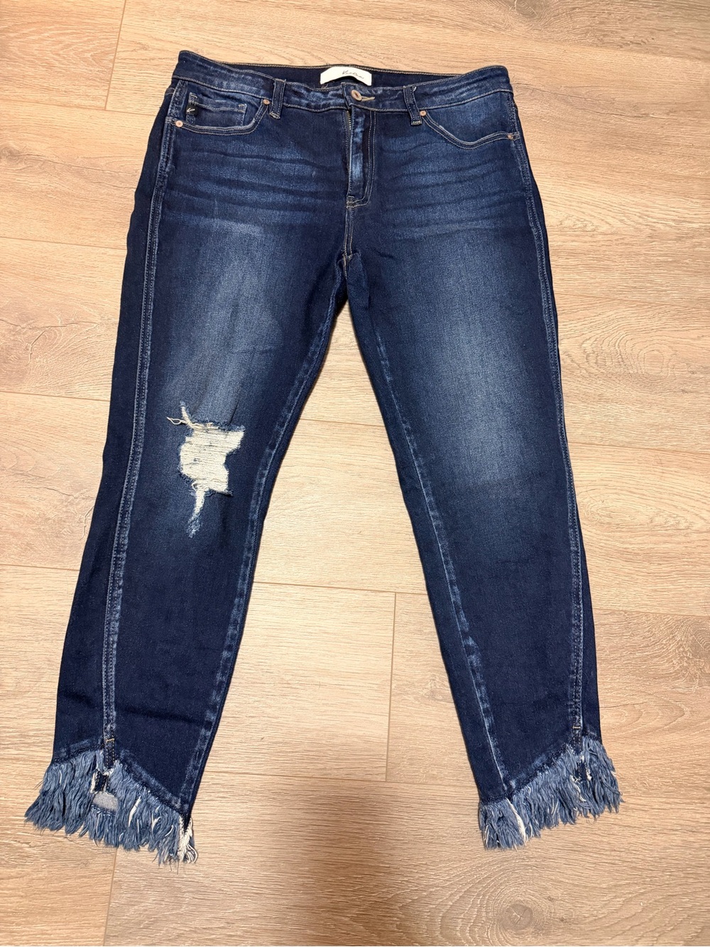 KanCan Dark Blue Distressed Ankle Fringe Jeans